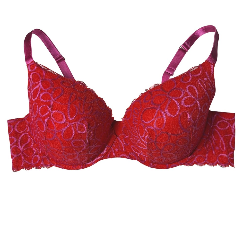 Savage X Fenty Bra 44D Red Ribbon‎ Writing Push Up Padded Romantic Lace Bite Me